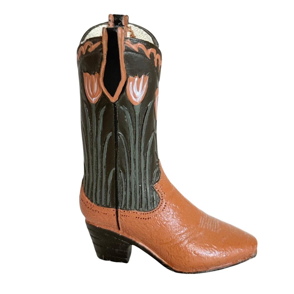 Miniature Cowboy Boot Figurine Brown Black Tulip Floral Western 3 inch